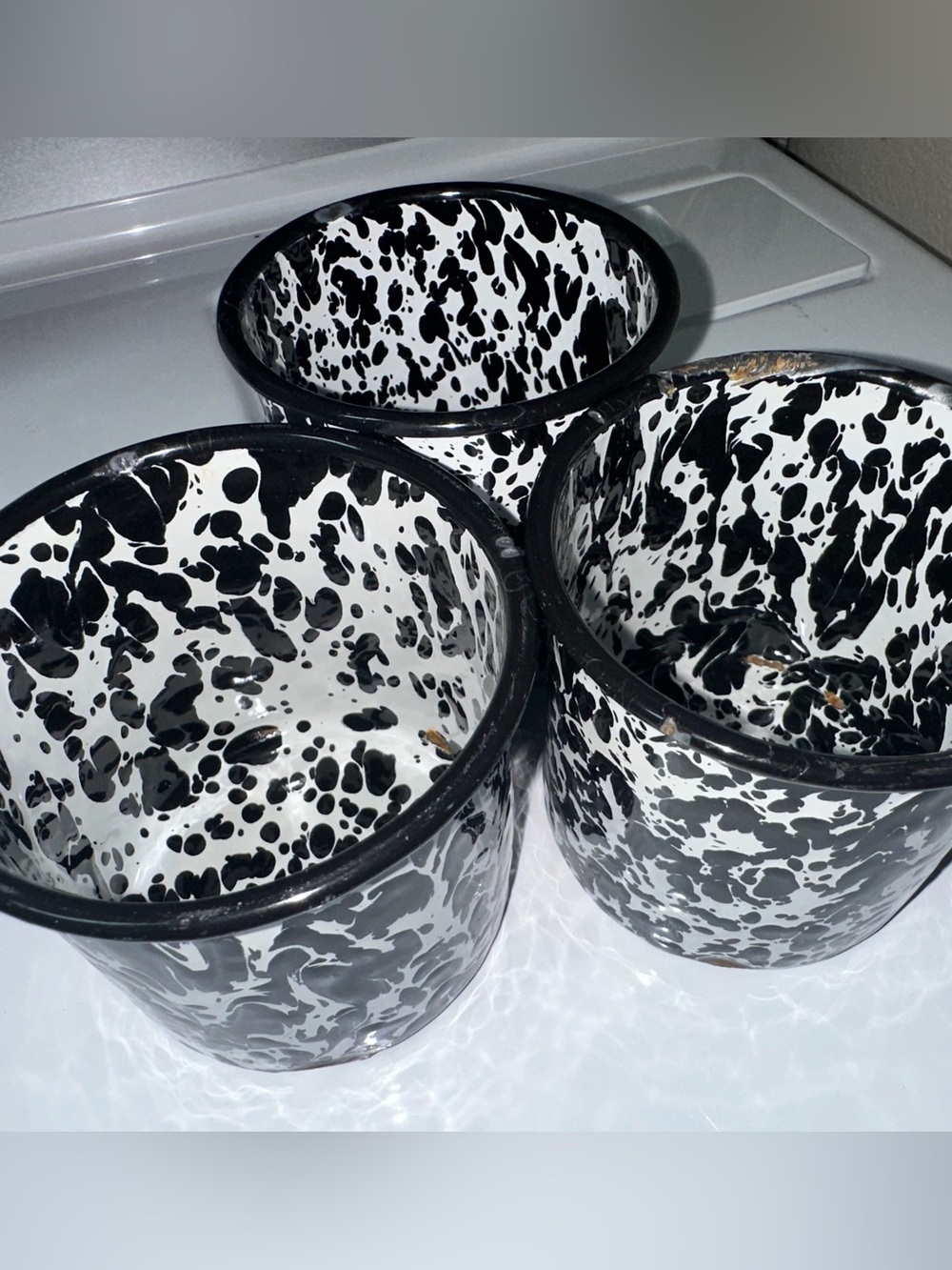 Lot of 3 Graniteware Speckled Black/White Enamel Mugs w/ Wear - Primitive